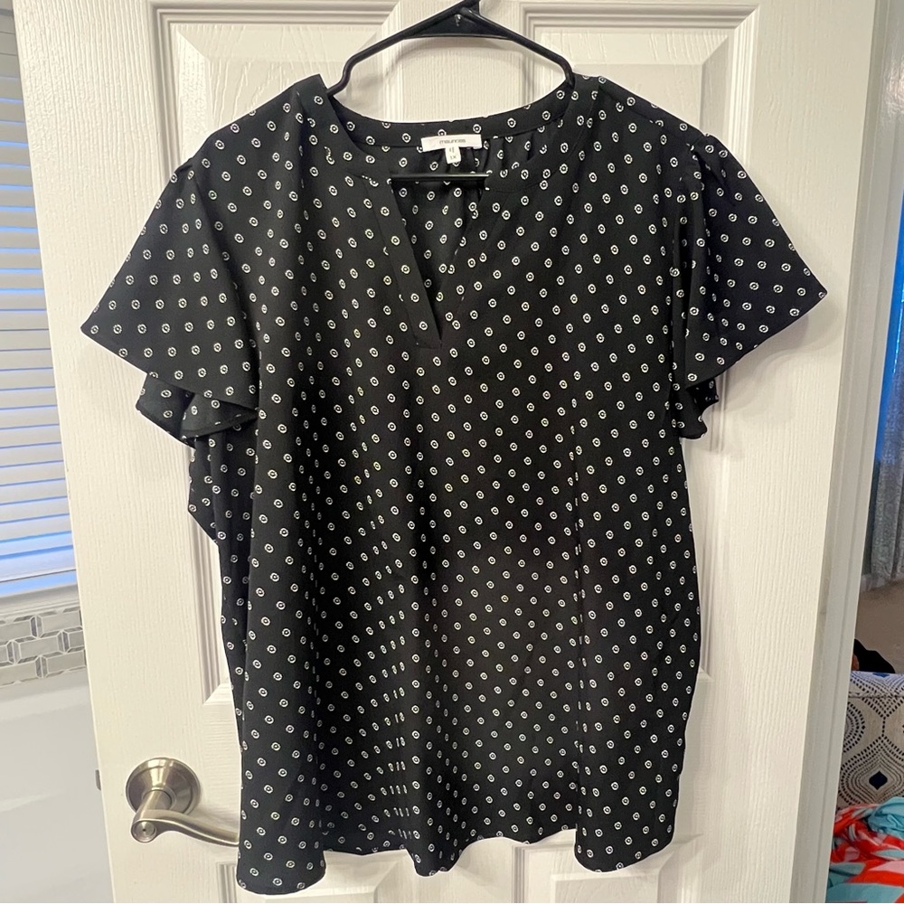 Maurices Black Blouse with White Geometric Print